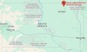 Screenshot of a google map, shows the Sand Lake Wildlife Refuge is in the north-center portion of South Dakota